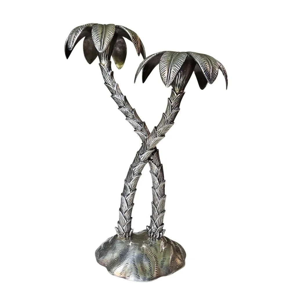 Vintage Silver‑Plated‎ Brass Palm Tree Candlestick Holder Tropical Decor
